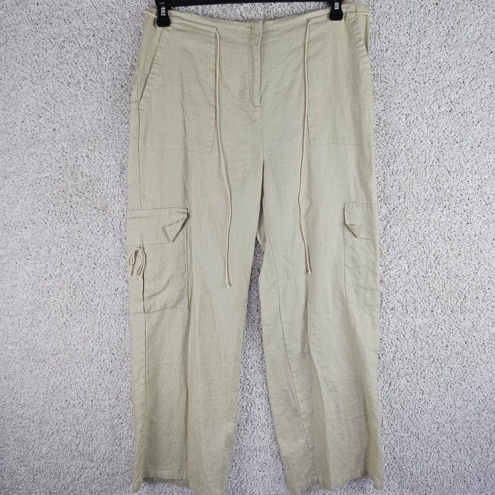 Max Studio 100% Linen Cargo Drawstring Wide Leg Blend Pants Womens Large Coastal